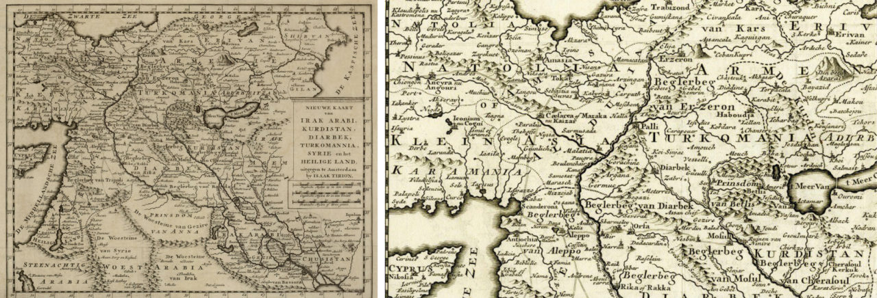 “Irak-ı Arab, Kürdistan, Diyarbekir, Türkmenya, Suriye ve Kutsal Topraklar’ın Yeni Haritası” isimli bu haritayı, Isaak Tirion 1733’te yayınladı.