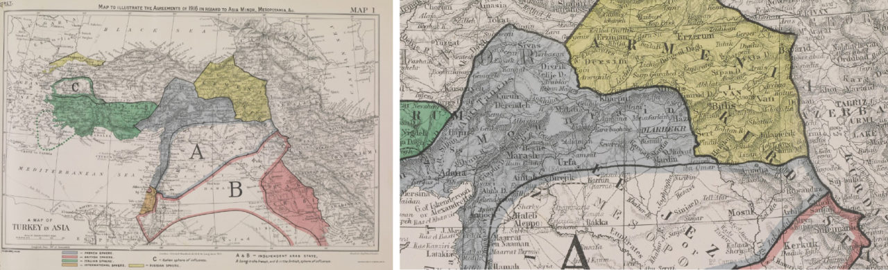 1916 tarihli bu harita, İtilaf Devletleri’nin Anadolu ve Mezopotamya’daki cephelerini belirlemek amacıyla hazırlanmış.