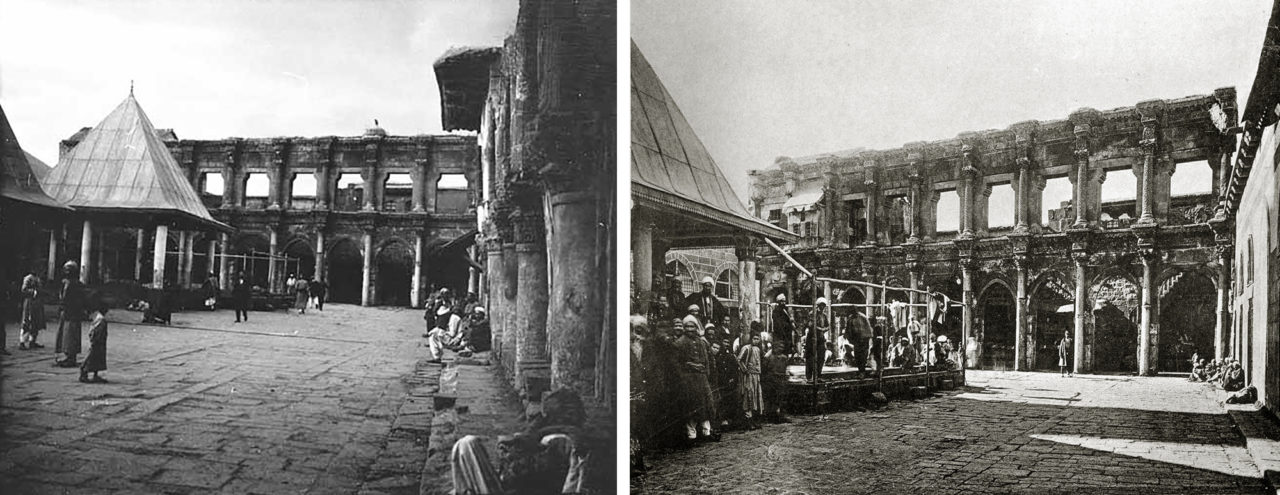 Solda: Hewşa Mizgefta Mezin. (Sedsala 19). Sağda: Halê wêran yê Mizgefta Mezin. (Fotograf: Adil Tekin, Arşîva DTSOyê)