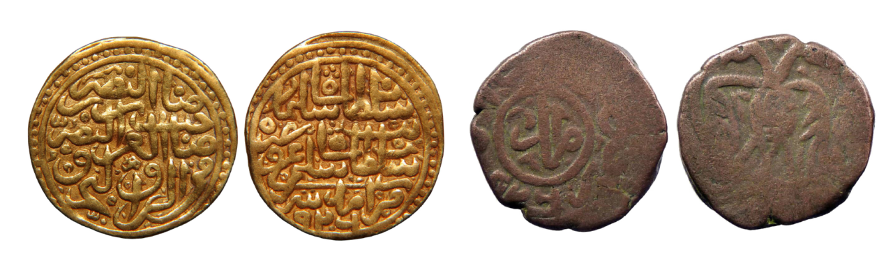 Solda: Kanuni Sultan Süleyman’ın 1520 yılında Amid’de bastırdığı altın sikke.<br>Sağda: Kanuni Sultan Süleyman adına 1520 yılında Amid’de bastırılmış ve çift başlı kartal figürünü taşıyan bakır sikke.