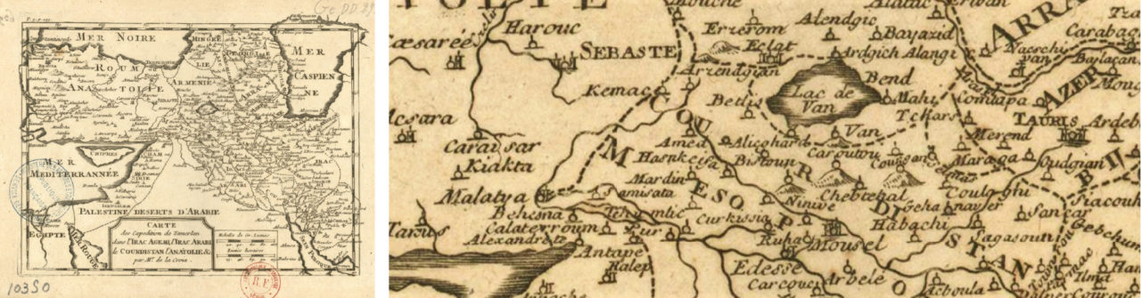 French orientalist François Pétis de la Croix prepared this map titled “Carte des expédition de Tamerlan dans l’Irac Agemi, l’Irac Arabi, le Courdistan, l’Anatolie” (“The Map of Tamerlane’s Campaign in Persian Iraq, Arab Iraq, Kurdistan and Anatolia”) in 1710.  