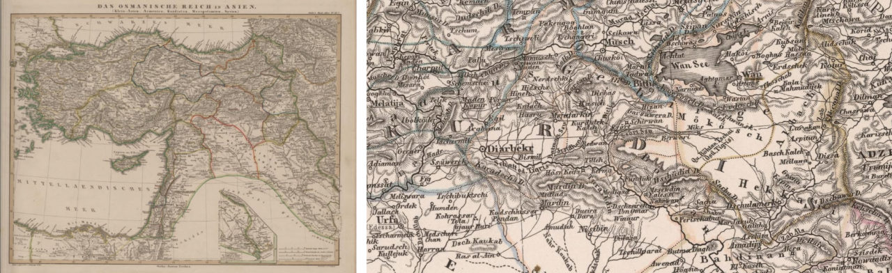 German cartographer Adolf Stieler included this map demonstrating the Ottoman Empire’s presence in the Asian continent in an atlas published in Gotha in 1846.  
