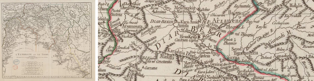 French geographer and cartographer Jean-Baptiste Bourguignon d’Anville, born in 1697, prepared a map based on the rivers Euphrates and Tigris in 1779.  