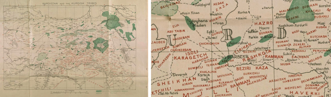 This map dated 1919 is based on a survey by Mark Sykes of Kurdish tribes that lived under the Ottoman Empire.  